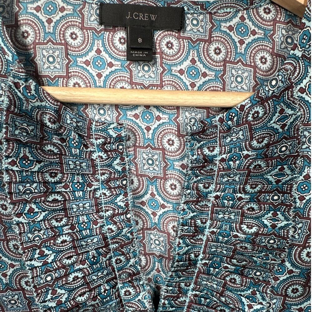 J. Crew Silk Tank Top Blouse Margo Medallion Ruffle V-NeckTeal Brown 8 Workwear - Picture 4 of 10